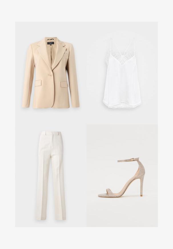Beige blazer with a notched lapel, single button closure, and two front pockets. Made of smooth fabric, featuring a tailored fit.; White camisole with a v-neck design, thin straps, textured lace accents at the shoulders, and a curved hemline. Smooth fabric texture.; White, wide-leg trousers with a smooth texture, featuring front pleats and a classic waistband, designed for a polished look.; Strappy high-heeled sandal in metallic rose gold, featuring a textured upper, open toe, and ankle strap with a gold buckle detail.