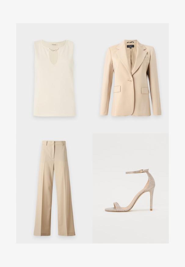 Beżowa marynarka z klapami, zapinana na pojedynczy guzik, z dwiema przednimi kieszeniami. Wykonana z gładkiego materiału, charakteryzująca się dopasowanym krojem.; Top bez rękawów w kremowym kolorze z dekoltem w kształcie klucza ozdobionym dekoracyjnymi elementami w kształcie liści. Prosty krój i gładka faktura.; Beżowe spodnie o szerokich nogawkach wykonane z gładkiego materiału, z płaskim przodem i zakładkami, z zapięciem na zamek i pętelkami na pasek. Dopasowany krój.; Sandały na wysokim obcasie z paskami w metalicznym odcieniu różowego złota, z teksturowaną cholewką, otwartym toe oraz paskiem wokół kostki z ozdobną złotą klamrą.