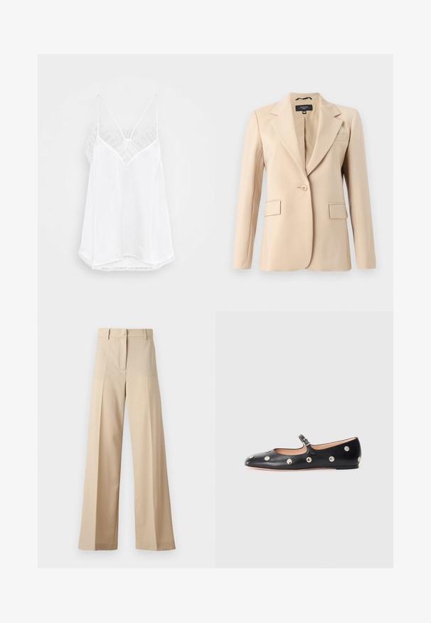 Beige blazer met een scherp gelapte revers, enkele knoopsluiting en twee voorkeurszakken. Gemaakt van gladde stof, met een getailleerde pasvorm.; Witte cami met een V-halsontwerp, dunne bandjes, gestructureerde kantaccenten op de schouders en een gebogen zoom. Gladde stoftextuur.; Beige wijde broek gemaakt van gladde stof, met een flatte voorkant met plooien, een rits en riemlussen. Over het geheel een getailleerde pasvorm.; Zwarte leren Mary Jane ballerina met een ronde neus, voorzien van zilveren ronde studs en een verstelbaar bandje met een gesp.