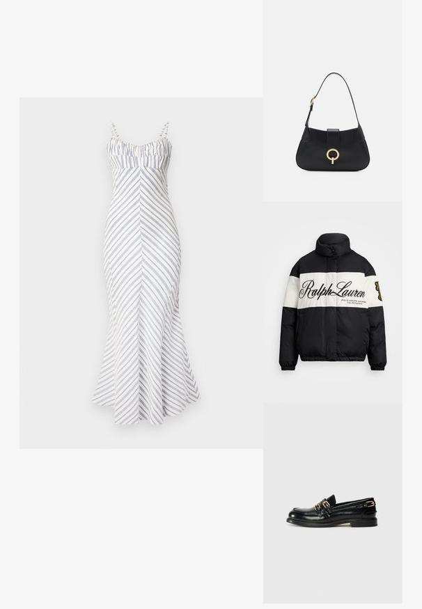 Svart och vit puffjacka med hög krage, med stort "Ralph Lauren"-logo, dragkedja fram, och elastiska manchetter och nederkant.; Utan axelband, figursydd midiklänning i vitt med blå diagonala randar. Har en samlad byst, utsvängd fåll och justerbara axelband. Slät textur.; Svarta läderloafers med en glansig yta, prydda med två guldspännen och en låg klack. Slät textur med rundad tådesign.; Svart läderhandväska med en böjd silhuett, kort rem, centrala detaljer i guldton och slät textur. Inga synliga mönster eller accenter.