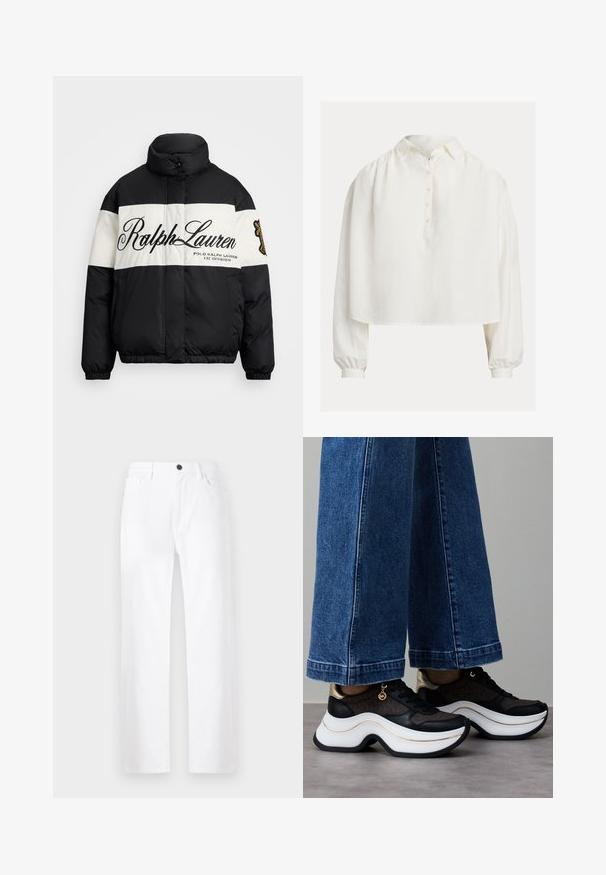Black and white puffer jacket with high collar, featuring large “Ralph Lauren” logo, zip-front, and elasticized cuffs and hem.; White button-up blouse with a collar, cropped design, and long balloon sleeves. Made of soft fabric with a smooth texture.; White wide-leg jeans made of denim, featuring a button closure, front pockets, and a clean design with no visible patterns or accents.; Black and gold sneakers with a curved white sole. Textured fabric with logo accents. Paired with wide blue denim pants.