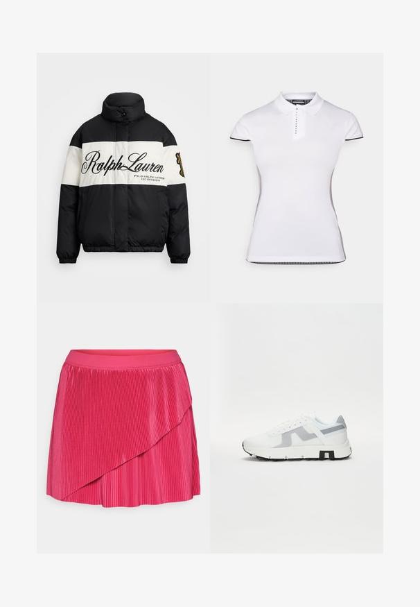 Fekete-fehér pehelydzseki magas gallérral, nagy "Ralph Lauren" logóval, cipzáras elülső résszel, valamint rugalmas mandzsettákkal és aljjal.; Fehér póló rövid ujjal, gallérral és elől gombos záródással. Fekete díszítések az ujjakon és az oldalvarrásokon. Puha, sima tapintás.; Pliszés rózsaszín szoknya széles, rugalmas derékpánttal, réteges kialakítással, eltérő textúrákkal, amelyek vizuális érdekességet teremtenek.; Fehér sportcipő szürke kiemelésekkel, textúrázott felső résszel, vastag talppal és kontrasztos fekete sarokrésszel. Fűzős kialakítás, hálós panellel.