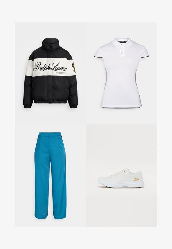 Melna un balta pūkains džemperis ar augstu apkakli, ar lielu "Ralph Lauren" logo, ar rāvējslēdzēju priekšā un elastīgām piedurknēm un apakšmalu.; Balts polo krekls ar īsām piedurknēm, apkakli un priekšējo pogu aizdari. Melnas akcenti piedurknēm un sānu šuvēm. Mīksta, gluda tekstūra.; Plati kāju bikses spilgti teātra krāsā, izgatavotas no gludas auduma. Iezīmē priekšējās krokas, vidēji augstu jostu un bez redzamām kabatām.; Balti kedai ar gludu sintētisko augšdaļu, zeltītām akcents un izturīgu gumijas zoli. Iezīmes apaļš purngals, saišu dizains un mīkstais iekšpuse.