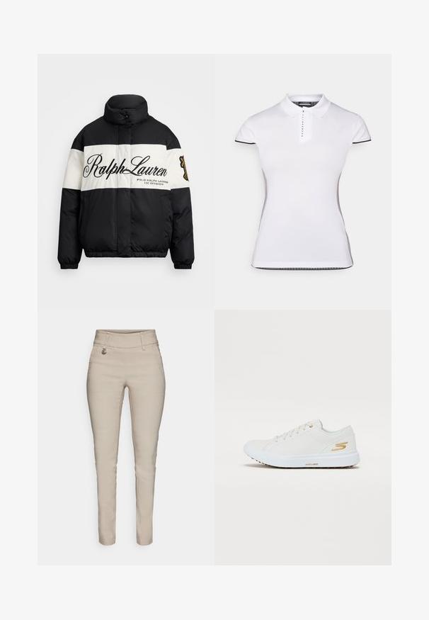 Juoda ir balta pūkinė striukė su aukštu apykakle, dideliu "Ralph Lauren" logotipu, užtrauktuko priekyje ir elastingais rankogaliais bei apdaila.; Balta polo marškinėliai su trumpomis rankovėmis, apykakle ir priekiniais mygtukais. Juodos detalės ant rankovių ir šoninių siūlių. Minkšta, lygi tekstūra.; Bežinės aptemptos kelnės su aukštu juosmeniu, turinčios priekinę kišenę, dekoratyvinę siuvinėjimą ir sidabro tono detalių akcentą.; Balti sportbačiai su lygiu sintetiniu viršumi, auksinėmis detalėmis ir tvirtu guminiu padu. Yra apvalus pirštas, raištelių dizainas ir paminkštinta vidinė dalis.