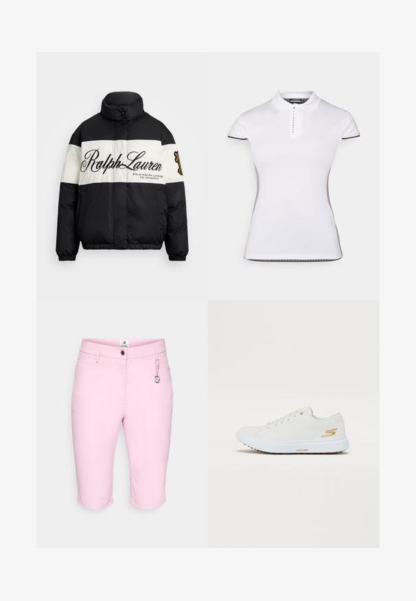 Juoda ir balta pūkinė striukė su aukštu apykakle, dideliu "Ralph Lauren" logotipu, užtrauktuko priekyje ir elastingais rankogaliais bei apdaila.; Balta polo marškinėliai su trumpomis rankovėmis, apykakle ir priekiniais mygtukais. Juodos detalės ant rankovių ir šoninių siūlių. Minkšta, lygi tekstūra.; Rožiniai bermudai, pagaminti iš glotnaus, lengvo audinio. Turi mygtuko užsegimą, priekines kišenes ir dekoratyvinį metalo žavesį ant užtrauktuko.; Balti sportbačiai su lygiu sintetiniu viršumi, auksinėmis detalėmis ir tvirtu guminiu padu. Yra apvalus pirštas, raištelių dizainas ir paminkštinta vidinė dalis.