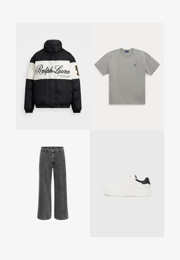 Zwart-witte pufferjack met hoge kraag, met groot "Ralph Lauren" logo, ritssluiting aan de voorkant en elastische manchetten en zoom.; Grijze katoenen T-shirt met een ronde hals, korte mouwen en een klein geborduurd blauw paardenlogo op de linkerborst.; Wijdvallende broek in vervaagd zwart denim, met een klassieke knoopsluiting, vijf-pocket ontwerp en een licht gestructureerde afwerking.; Witte leren sneaker met een reliëfpatroon, textuur van de witte tussenzool en een zwarte hielaccent. Heeft een ronde neus en platte veters.