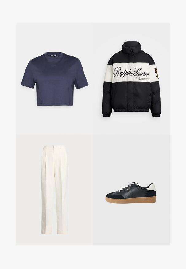 Čierno-biela prešívaná bunda s vysokým golierom, so veľkým logom "Ralph Lauren", na zips a elastickými manžetami a spodným okrajom.; Námornícko modré skrátené tričko z hladkého materiálu s okrúhlym výstrihom a krátkymi rukávmi. Na prednej strane je jemne vytlačený text "BORG".; Polo Ralph Lauren HEMP WIDE LEG PANT - Nohavice - nevis; Čierne kožené a semišové tenisky so svetlohnedou gumovou podrážkou. Obsahujú biele šnúrky a malé perforácie na stranách. Prítomné logo Michael Kors.