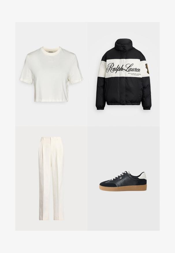 Črna in bela napihnjena jakna z visokim ovratnikom, z velikim logotipom "Ralph Lauren", z zadrgo spredaj, ter elastičnimi manšeta in robom.; Kratka bela majica iz bombaža z gladko teksturo, ki ima okroglo ovratnik in kratke rokave. Logotip "BORG" v subtilni vezenini.; Polo Ralph Lauren HEMP WIDE LEG PANT - Hlače - nevis; Črne usnjene in semiš tenisice z lahkim rjavim gumijastim podplatom. Imajo bele vezalke in majhne perforacije ob straneh. Prikazana je logo Michael Kors.