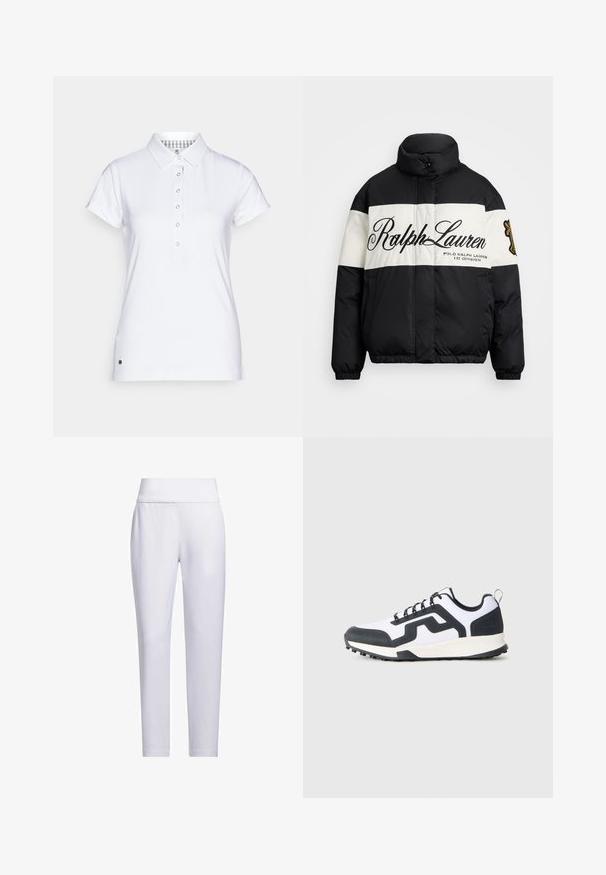 Čierno-biela prešívaná bunda s vysokým golierom, so veľkým logom "Ralph Lauren", na zips a elastickými manžetami a spodným okrajom.; Biela polokošeľa s golierom, krátkymi rukávmi, zapínaním na päť gombíkov a kockovaným vzorom vo vnútri goliera. Obsahuje malé logo na leme.; Biele, priliehavé nohavice so širokým pásom, hladkou textúrou a bez viditeľných vreciek alebo vzorov, s zužujúcim sa strihom nohavíc.; Biele a čierne nízke tenisky so vzorovanou gumovou podrážkou a zigzagovým dizajnom po boku, zobrazené z vonkajšej strany na jednoduchom pozadí.