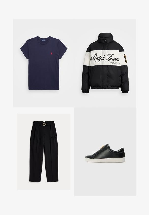 Fekete-fehér pehelydzseki magas gallérral, nagy "Ralph Lauren" logóval, cipzáras elülső résszel, valamint rugalmas mandzsettákkal és aljjal.; Sötétkék pamut póló rövid ujjakkal és kerek nyakkivágással. Bal mellen egy kis piros hímzett logó található.; Fekete, magas derekú nadrág övvel, húzott elejű és széles szárú kialakítással. Sima anyagból készült, klasszikus szabással.; Fekete bőr slip-on cipők kiemelt varrással, ezüst színű fém részletekkel a felső részen, és fehér gumitalppal, amelyen domború logó található.