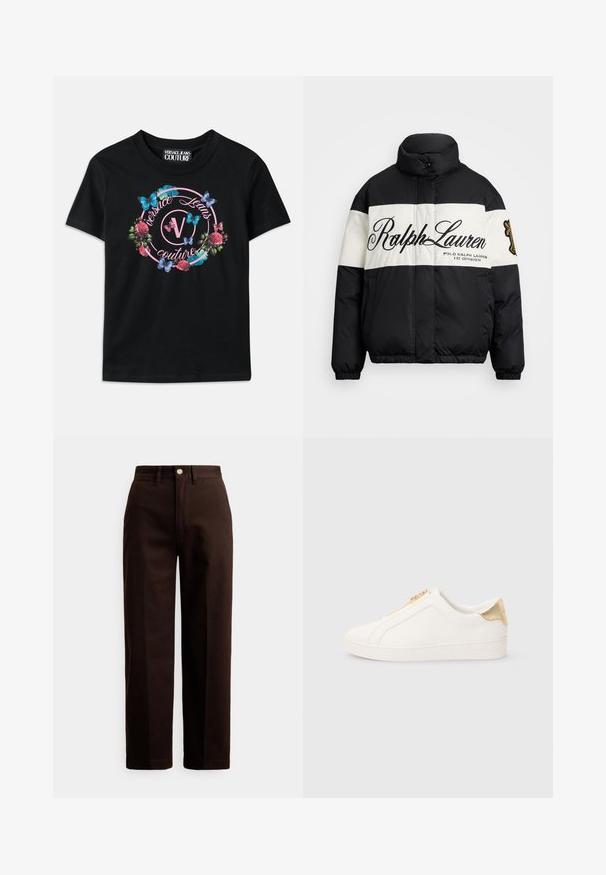 Jachetă pufată alb-negru cu guler înalt, având un mare logo "Ralph Lauren", fermoar în față și mansete și tiv elastic.; Tricou negru cu un grafic colorat de flori și fluturi, cu accente roz și albastre. "Versace Jeans Couture" imprimat într-un design circular.; Pantaloni maro închis cu croială dreaptă, cu nasture și fermoar, cu bucle pentru curea și buzunare frontale, pe un fundal alb.; Adidași slip-on albi, realizați din piele netedă, cu fermoar auriu și accent aproape de călcâi, având un finisaj texturat și logo embossat pe lateral.