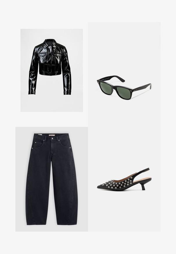 Giacca nera corta in ecopelle lucida, con colletto a punta, chiusura frontale a sei bottoni e due tasche sul petto.; T-shirt bianca a strisce Adidas con dettagli blu navy, dotata di collo rotondo, maniche raglan corte e un bold logo "adidas" sul davanti.; Jeans larghi in denim nero con vita alta, due tasche frontali e accessori in metallo argentato. Texture liscia, dettagli di cucitura minimi e gamba dritta.; Décolleté nera con punta a punta, adornata con borchie argentate, dotata di un tacco basso e una texture in pelle liscia.; Occhiali da sole in plastica nera con lenti verdi, montatura quadrata, dettaglio argento sulla parte superiore e steli con texture. Marchio indicato sulla parte interna dello stelo.; Borsa a tracolla nera con due lunghi manici, una chiusura zip superiormente e un piccolo logo di coccodrillo verde centrato sotto i manici.