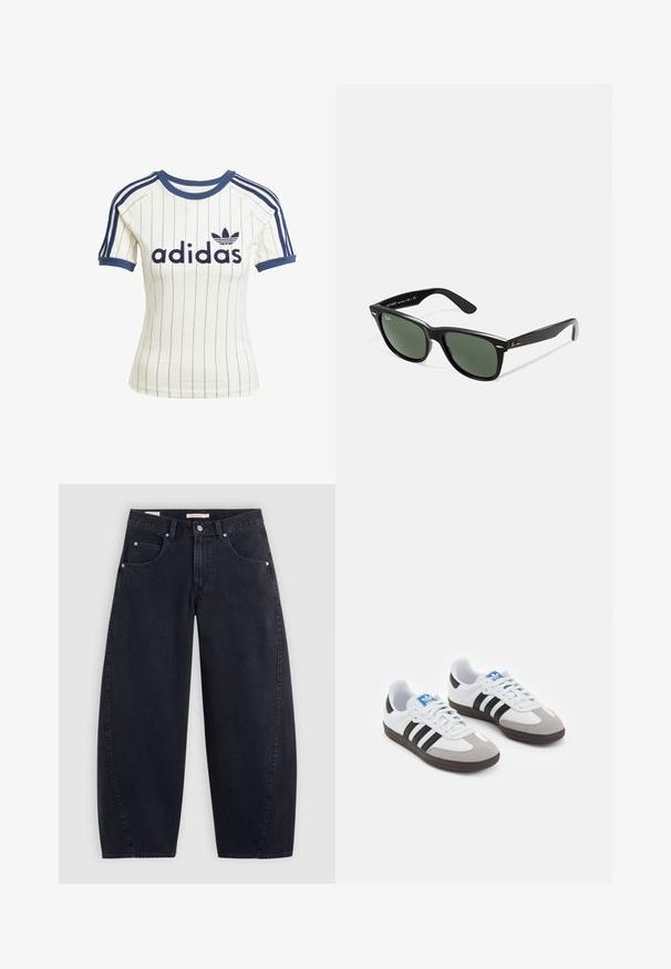 Čierna skrátená bunda vyrobená z lesklej umelej kože, s špicatým golierom, šesťgombíkovým zapínaním a dvoma náprsnými vreckami.; Biele tričko s bielymi pruhmi Adidas s námorníckymi modrými akcentmi, s okrúhlym výstrihom, krátkymi raglánovými rukávmi a výrazným logom "adidas" na prednej strane.; Čierne široké džíny z denimu s vysokým pásom, dvoma prednými vreckami a striebornými doplnkami. Hladká textúra, minimálne švy a rovný strih.; Športové topánky s bielym koženým zvrškom, šedou semišovou špičkou a tromi čiernymi pruhmi. Obsahujú modré logo na jazyku a štruktúrovanú gumovú podrážku.; Čierne plastové slnečné okuliare so zelenými šošovkami, štvorcové rámy, strieborný akcent na obočí a textúrované ramenné opierky. Brand uvedený na vnútornej strane ramien.; Čierna taška cez rameno s dvoma dlhými ušami, zipsom na vrchnej strane a malým zeleným krokodílom umiestneným pod uchami.