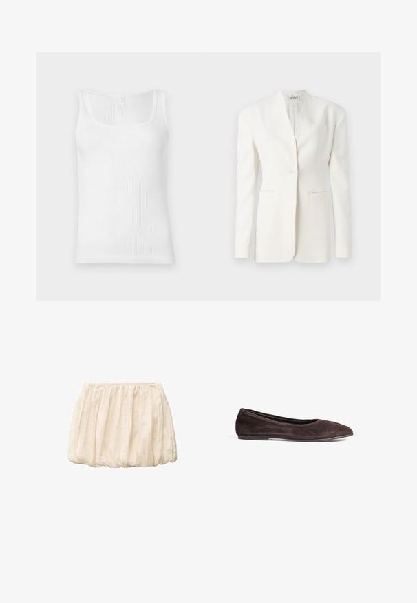 Hvid skræddersyet blazer med en enkelt knap, spidse lapeller, to forlommer og en brystlomme. Glat stof med en struktureret silhuet.; Hvid ribbet tanktop med rektangulær udskæring og brede skulderstropper. Stofmaterialet har en tekstureret, strækbar overflade.; Elfenbensfarvet kort nederdel lavet af letvægts, tekstureret stof med samlet design og elastisk talje. Casual og alsidig til forskellige outfits.; Brune ruskinds ballerina med spids tå og lav profil. Har en glat tekstur og minimalistisk design. Ingen synlig hardware eller accenter.