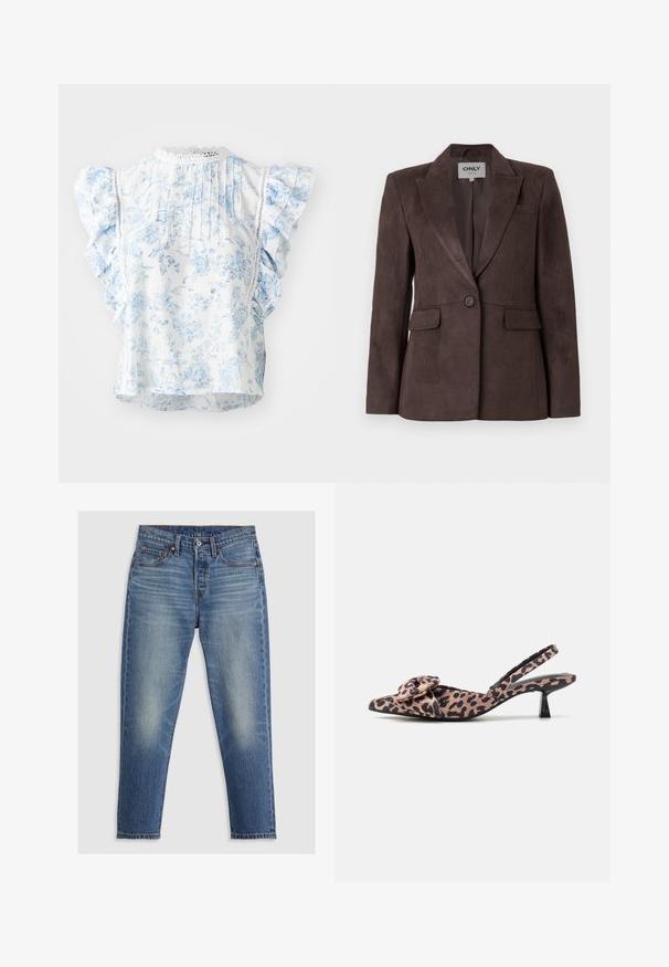 Blazer de camurça castanha com lapela em bico, fecho de botão único, dois bolsos frontais e um corte ajustado. Textura suave, design minimalista.; Blusa branca com padrão floral azul, mangas curtas com babados, costas plissadas e acabamento em crochet na gola. Tecido leve.; Jeans de ganga azul-claro com corte straight, cinco bolsos, fecho de botão e desbotamento suave nas coxas. Costura contrastante visível.; Sapatos de salto slingback com biqueira apontada em tecido de padrão leopardo, com um detalhe de laço, apresentando um salto preto baixo e uma textura suave.