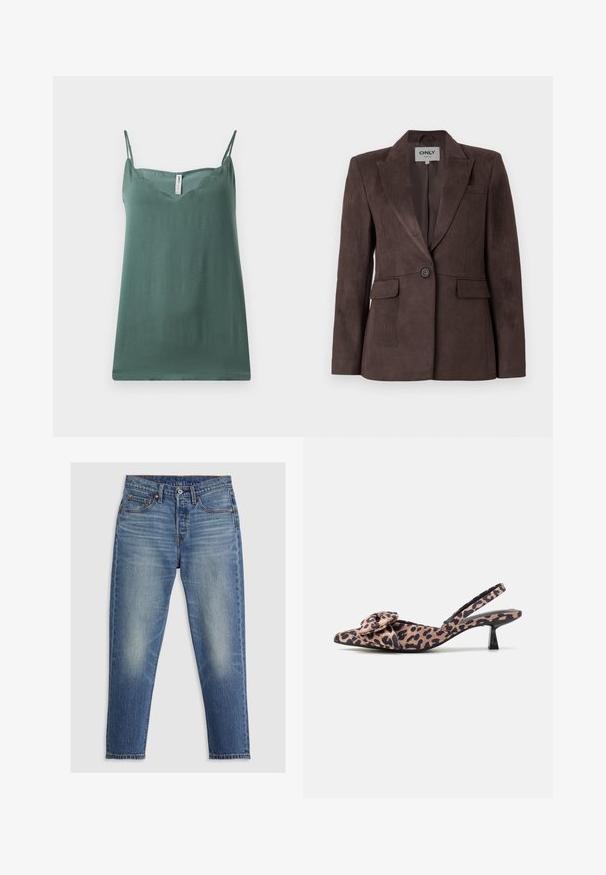 Brauner Wildlederblazer mit Reverskragen, einknöpfigem Verschluss, zwei frontalen Taschen und taillierter Passform. Glatte Textur, minimalistisches Design.; Grünes ärmelloses Top mit dünnen verstellbaren Trägern, einem V-Ausschnitt, glatter Textur und lockerer Passform, aus leichtem Stoff gefertigt.; Weißer Body mit quadratischem Ausschnitt, ärmellosem Design, glatter Textur und Druckknopfverschluss am Boden. Schlichter und minimalistischer Stil.; Hellblaue Denim-Jeans mit geradem Schnitt, fünf Taschen, Knopfverschluss und dezenten Ausbleichungen an den Oberschenkeln. Sichtbare Kontrastnähte.; Pumps mit spitz zulaufender Zehenpartie und Slingback in Leopardenmuster mit einem Schleifenakzent, ausgestattet mit einem niedrigen schwarzen Absatz und glatter Textur.
