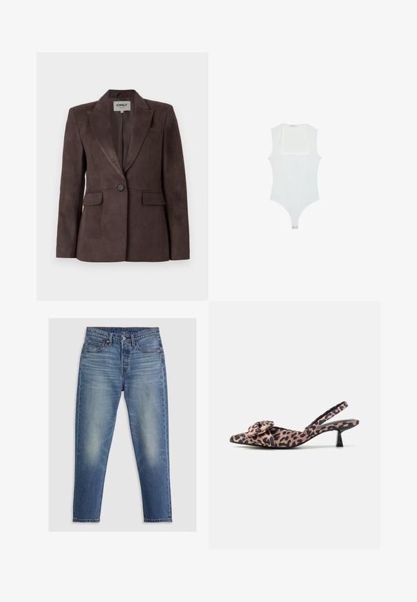 Blazer in suede marrone con rever a ponte, chiusura a un bottone, due tasche frontali e vestibilità sartoriale. Texture liscia, design minimalista.; Body bianco con scollatura quadrata, design senza maniche, texture liscia e chiusura a pressione sul fondo. Stile semplice e minimalista.; Jeans in denim blu chiaro con taglio dritto, cinque tasche, patta con bottoni e leggeri sbiadimenti sulle cosce. Cuciture a contrasto visibili.; Décolleté con cinturino a slingback in tessuto a stampa leopardata con un accessorio a fiocco, dotate di un tacco basso nero e una texture liscia.