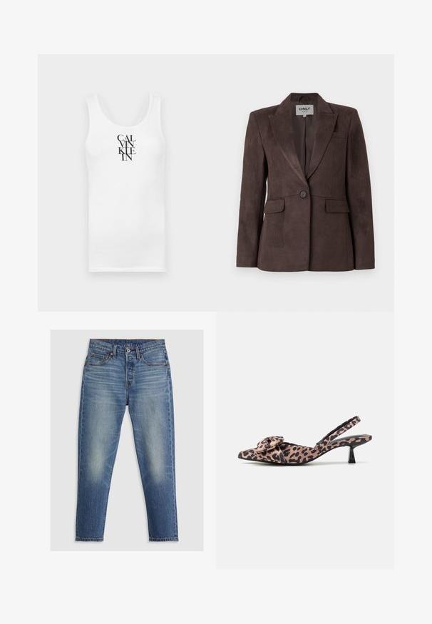Rjav semiš sakou z malo obrobljenim ovratnikom, enojnim gumbom, dvema sprednjima žepoma in prilagojenim krojem. Gladka tekstura, minimalističen dizajn.; Bela majica brez rokavov z okroglim izrezom, izdelana iz bombaža. Na sprednji strani je navpično natisnjen črn tekst "CALVINKLEIN" v poudarjenem serifnem pisavu.; Svetlo modri traper kavbojki s ravnim krojem, petimi žepi, gumbom za zapiranje in subtilnim blenjem na stegnu. Vidna kontrastna šiv.; Slingback čeveljci s koničastim nosom v materialu z leopardjim vzorcem, z nagubanjem na vrhu, ki imajo nizek črn peti in gladko teksturo.