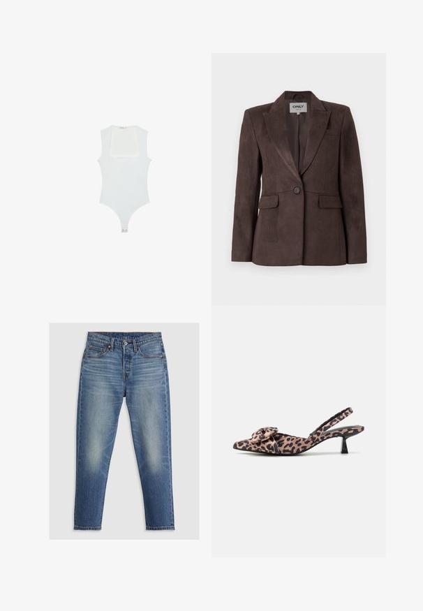 Blazer in suede marrone con rever a ponte, chiusura a un bottone, due tasche frontali e vestibilità sartoriale. Texture liscia, design minimalista.; Body bianco con scollatura quadrata, design senza maniche, texture liscia e chiusura a pressione sul fondo. Stile semplice e minimalista.; Jeans in denim blu chiaro con taglio dritto, cinque tasche, patta con bottoni e leggeri sbiadimenti sulle cosce. Cuciture a contrasto visibili.; Décolleté con cinturino a slingback in tessuto a stampa leopardata con un accessorio a fiocco, dotate di un tacco basso nero e una texture liscia.