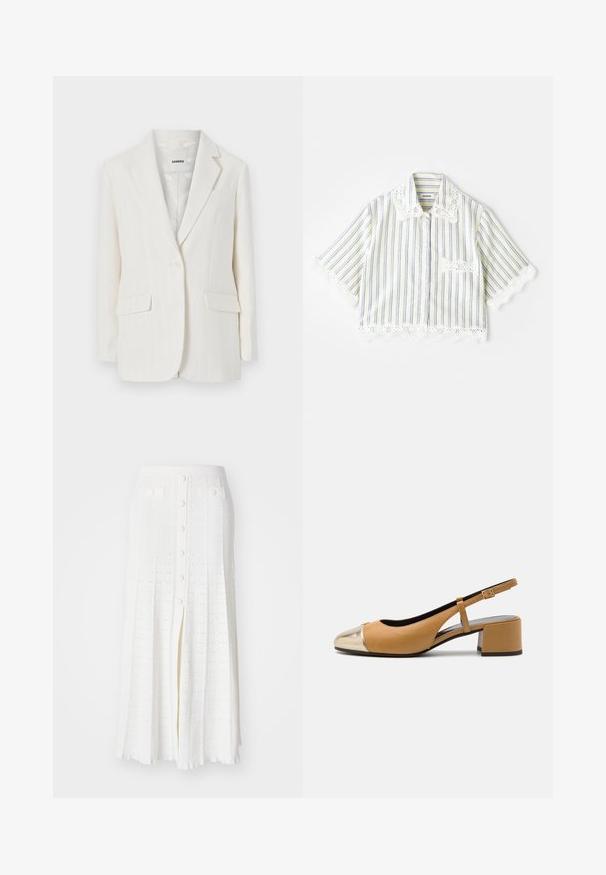 Valkoinen raitapuku takki, jossa on viistosaka, yksinoikealla nappisuljenta ja kaksi etutaskua. Silkkinen kangas, jossa on hienovarainen kiilto.; sandro CHEMISE - Paitapusero - ecru; Valkoinen midihame, jossa on tekstuuriin perustuva kabelineulekuvio, etuhalkio, napitus ja kaksi etutaskua.; Vaaleanruskea nahkainen slingback-pumppu, jossa on metallinhohtoinen kultainen kärki, bloki-korko ja kapea säädettävä hihna. Silkkinen pinta, jossa on minimaalinen yksityiskohtaisuus.
