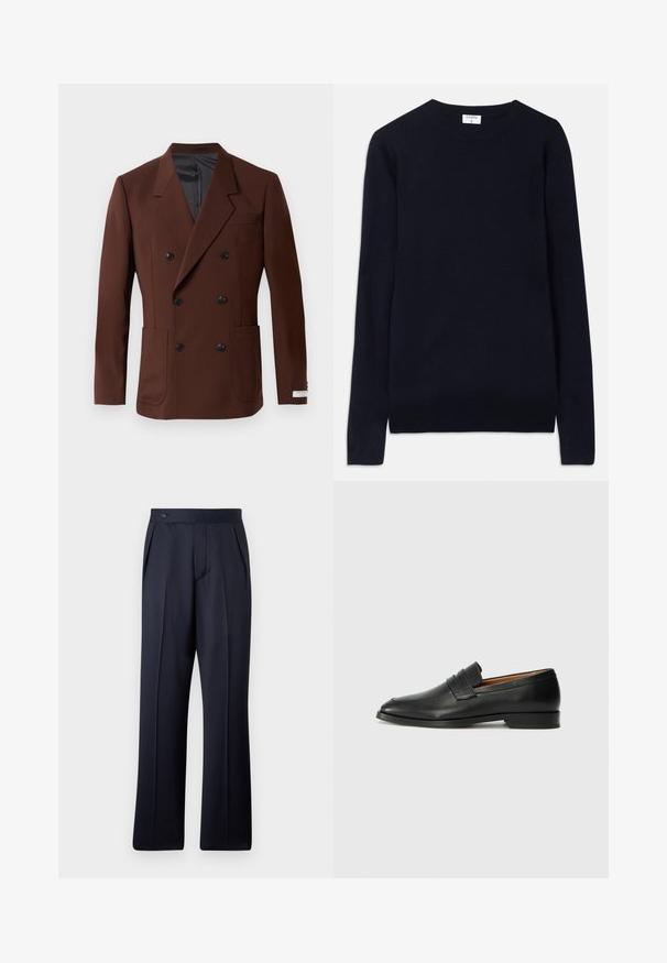 Rudas dvigubas švarkas su įpjautais atlapais, dviem priekiniuose kišenėse, juodais mygtukais ir lygiu pamušalu. Prisiūtas kirpimas.; Tamsiai mėlynas megztinis su apvalia iškirpte, pagamintas iš minkštos medžiagos, turintis ilgomis rankovėmis ir ailėmis apykaklėje bei priekyje. Švarus, minimalistinis dizainas.; LARDINI PANTALONE UOMO - Kelnės - navy; Juodas odinis loaferis su apvaliu nosiu, subtiliomis siuvimo detalėmis ir žemu kulnu, pasižymintis lygia tekstūra ir minimalistiniu dizainu.
