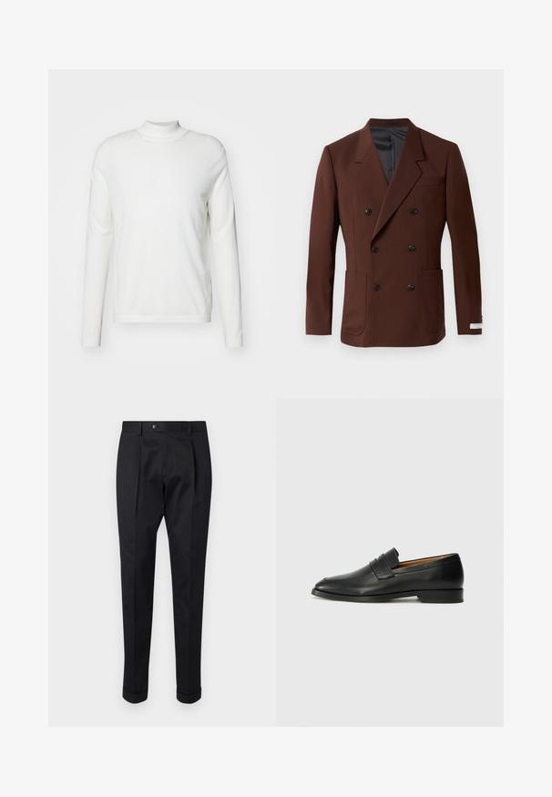 Barna, kétsoros blézer, kivágott hajtókával, két elülső zsebbel, fekete gombokkal és sima bélésű belső résszel. Testhezálló szabás.; Fehér, hosszú ujjú magasnyakú pulóver, puha anyagból készült. Feszes fazonú, minimális részletezéssel rendelkezik, egyszerű egyenes szegéllyel.; Fekete nadrág sima anyagból, elöl hajtással, gombos záródással és felgöngyölt szárakkal a bokánál.; Fekete bőr mokaszin, kerek orral, diszkrét varrásokkal és alacsony sarokkal, sima felülettel és minimalista dizájnnal.