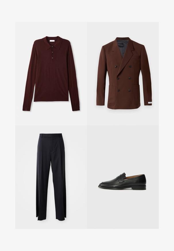 Brauner doppelt geknöpfter Blazer mit Reverskragen, zwei Vorder taschen, schwarzen Knöpfen und einem glatten Innenfutter. Taillierte Passform.; Langärmliges, tiefburgunderfarbenes Poloshirt aus weichem Stoff. Mit klassischem Kragen, dreifacher Knopfleiste und taillierten Bündchen.; Schwarze, hoch taillierte Hose mit weitem Bein, aus glattem Stoff. Verfügt über vorne gelegte Falten und Gürtelschlaufen. Minimalistisches Design, ohne sichtbare Beschläge.; Schwarze Leder-Slipper mit runder Zehenform, dezenten gestickten Details und niedrigem Absatz, ausgestattet mit glatter Textur und minimalistischem Design.