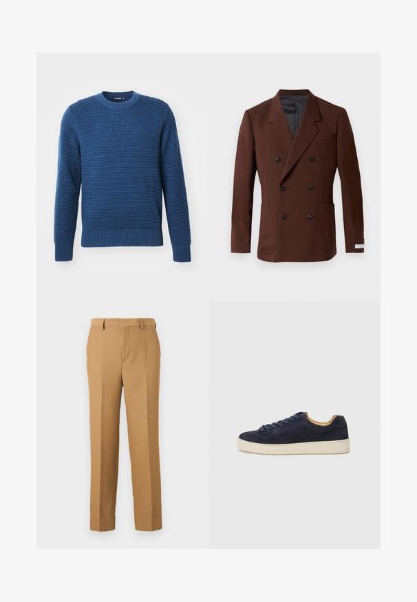Smeđa dvostruko zatvorena blazer jakna s izrezanim reverima, dva prednja džepa, crnim gumbima i glatkom unutarnjom podstavljanjem. Prilagođeni kroj.; Plavi pleteni pulover s okruglim izrezom s teksturiranim uzorkom, rebrastim manžetama i donjim rubom, te solidnim dizajnom. Izrađen od mekanog, toplog materijala.; Bež hlače od tkanine s ravnim krojem, ravnog prednjeg dijela i petlje za remen. Glatka tekstura bez vidljivih uzoraka.; Mornarsko plava nubuk niska tenisica s okruglim prstom, off-white gumeni đon i usklađene vezice; ima kontrastnu smeđu unutrašnju oblogu.