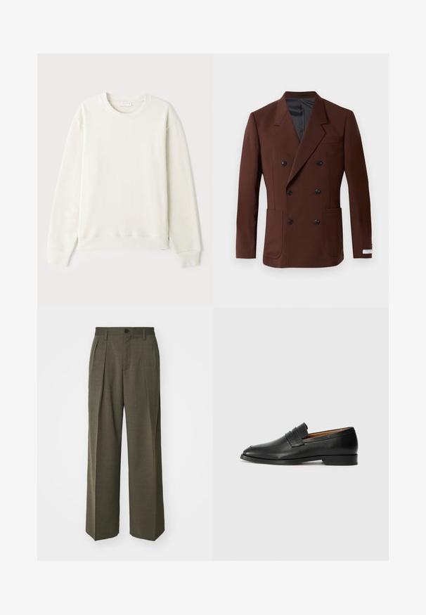 Blazer doppiopetto marrone con rever a lancia, due tasche frontali, bottoni neri e foderato interno liscio. Vestibilità su misura.; Felpa color beige chiaro, realizzata in cotone, con scollatura rotonda, maniche lunghe, polsini e fondo a costine, logo minimalista sul petto, texture morbida.; Filippa K WIDE TROUSERS - Pantaloni - driftwood; Mocassino in pelle nera con punta arrotondata, dettagli cuciti sottili e tacco basso, caratterizzato da una texture liscia e un design minimalista.