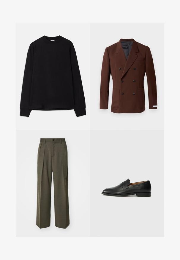 Blazer marrón de doble botonadura con solapas de muesca, dos bolsillos frontales, botones negros y un forro interior suave. Corte ajustado.; Camiseta de manga larga negra hecha de algodón suave. Presenta un cuello redondo, un corte holgado y puños acanalados. Sin patrones ni logotipos visibles.; Filippa K WIDE TROUSERS - Pantalones - driftwood; Mocasín de cuero negro con punta redonda, detalles de costura sutil y un tacón bajo, que presenta una textura suave y un diseño minimalista.