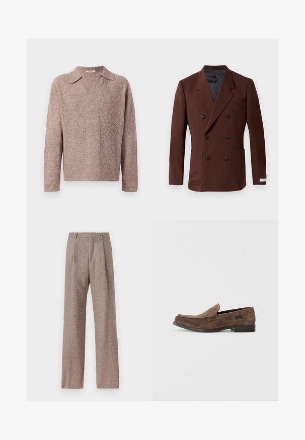 Barna, kétsoros blézer, kivágott hajtókával, két elülső zsebbel, fekete gombokkal és sima bélésű belső résszel. Testhezálló szabás.; Barna kötött pulóver, V-nyakkivágással és hegyes gallérral. Gyémánt mintázattal és hosszú ujjal készült, puha, texturált anyagból.; Barna, magas derekú nadrág texturált anyagból. Széles szárai és két elülső redője biztosítja a struktúrát. Ízléses kivitel, látható fémszerelés nélkül.; Stuart Weitzman BURT - Belebújós cipők - espresso