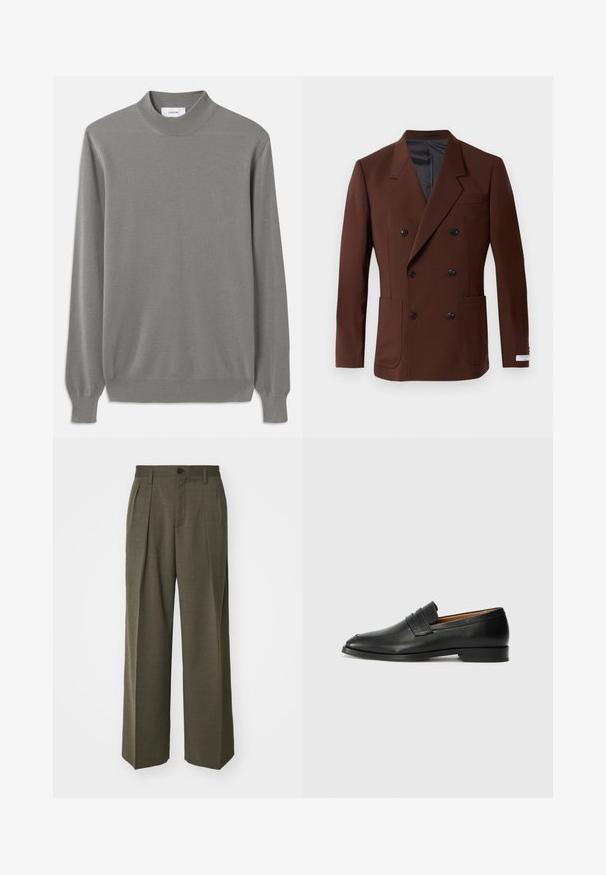 Brun dubbelknäppt blazer med slag, två framfickor, svarta knappar och en slät innerfoder. Skräddarsydd passform.; Grå stickad tröja med mock-neck, långa ärmar och ribbade muddar. Texturerad tyg med ett subtilt mönster genom hela plagget.; Filippa K WIDE TROUSERS - Tygbyxor - driftwood; Svart läderloafersko med rund tå, subtila sömnadsdetaljer och låg klack, med en jämn yta och minimalistisk design.