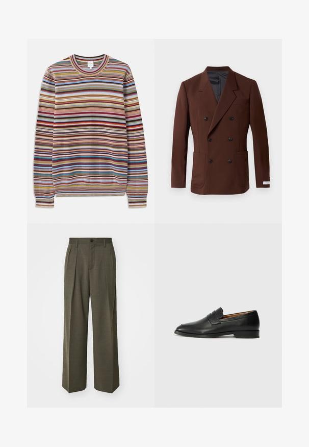 Bruine dubbelbreasted blazer met ingelegde revers, twee voorzakken, zwarte knopen en een gladde binnenvoering. Gepaste pasvorm.; Gestreepte trui met een ronde hals, gemaakt van textiel met een structuur en multicolore horizontale strepen in rood, blauw, geel en bruin.; Filippa K WIDE TROUSERS - Broek - driftwood; Zwarte leren instapper met een ronde neus, subtiele stikdetails en een lage hak, met een gladde textuur en een minimalistisch ontwerp.