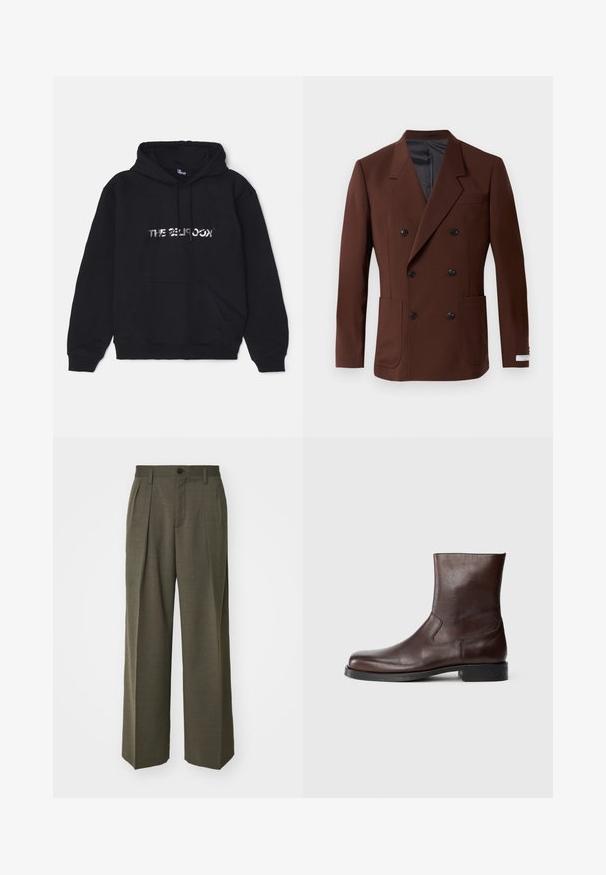 Hnědý dvouřadý blejzr s klopami, dvěma předními kapsami, černými knoflíky a hladkým vnitřním podšívem. Přiléhavý střih.; Černá mikina s kapucí vyrobená z měkké, silné tkaniny. Obsahuje přední kapsu, stahovací kapuci a kovový logotyp uprostřed.; Filippa K WIDE TROUSERS - Kalhoty - driftwood; Hnědé kožené kotníkové boty s hladkým povrchem, zaoblenou špičkou, minimálním prošíváním a plochou černou gumovou podrážkou.