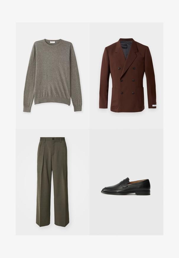 Sacou maro cu două rânduri de nasturi, guler în formă de v, două buzunare frontale, nasturi negri și o căptușeală interioară netedă. Croială ajustată.; Pulover gri dintr-un material moale, cu decolteu rotund, mâneci lungi și manșete și tiv cu nervuri. Are un design simplu și curat.; Filippa K WIDE TROUSERS - Pantaloni - driftwood; Lofer din piele neagră, cu vârf rotund, detalii cusute subtile și toc jos, având o textură netedă și un design minimalist.
