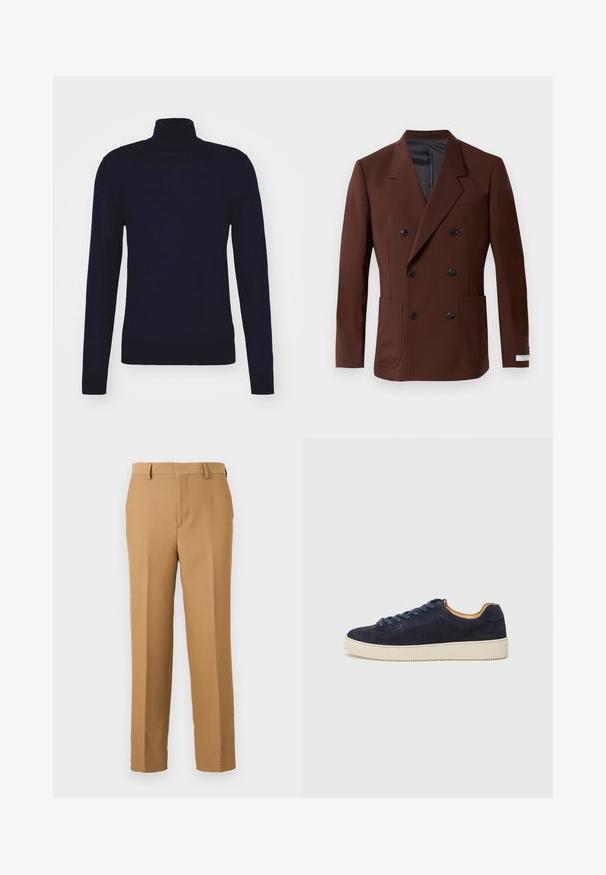 Rjav dvoredni blazer z izrezanimi reverji, dvema sprednjima žepoma, črnimi gumbi in gladkim notranjim oblačilom. Prilagojena fit.; Tiger of Sweden NEVILE - Pulover - light ink; Bež hlače iz tkanine, s ravnim krojem, ravnim sprednjim delom in pasom za pas. Gladka tekstura brez vidnih vzorcev.; Morske suede nizke tenisice z zaobljenim nosom, off-white gumijastim podplatom in usklajenimi vezalkami; imajo kontrastno rjavo notranje podložitev.