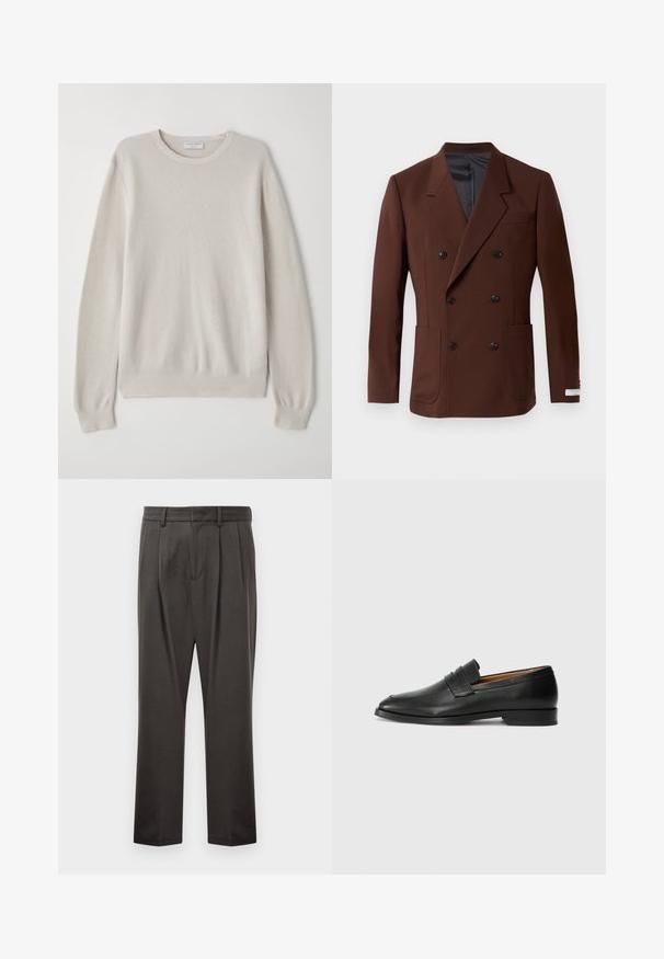 Blazer doppiopetto marrone con rever a lancia, due tasche frontali, bottoni neri e foderato interno liscio. Vestibilità su misura.; Pullover color beige chiaro realizzato in morbido tessuto a maglia. Collo a giro, maniche lunghe, polsini e orlo a costine con dettagli testurizzati discreti.; Pantaloni grigi scuri realizzati in tessuto testurizzato, con fronte piatto, pince, gambe dritte e passanti per cintura. Nessuna ferramenta o motivo visibile.; Mocassino in pelle nera con punta arrotondata, dettagli cuciti sottili e tacco basso, caratterizzato da una texture liscia e un design minimalista.