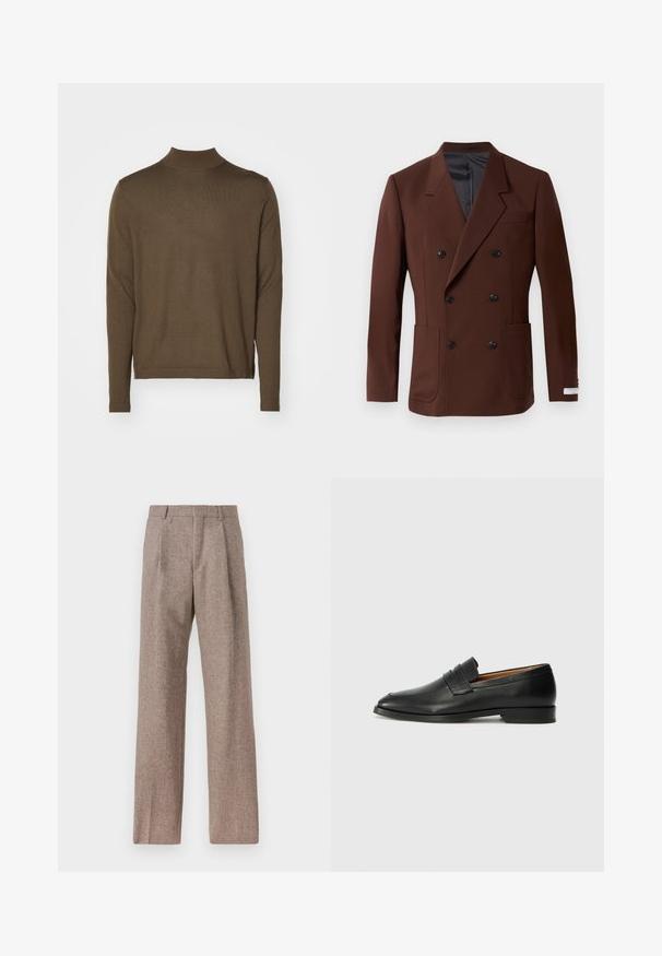 Rjav dvoredni blazer z izrezanimi reverji, dvema sprednjima žepoma, črnimi gumbi in gladkim notranjim oblačilom. Prilagojena fit.; Tiger of Sweden TERN - Pulover - green; Rjave hlače z visokim pasom, izdelane iz teksturirane tkanine. Imajo široke noge in dve sprednji pregibi za strukturo. Urejen zaključek brez vidne strojne opreme.; Črne usnjene loferice z zaobljenim prstom, subtilnim šivanjem in nizkim petam, ki se odlikujejo po gladki teksturi in minimalističnem oblikovanju.