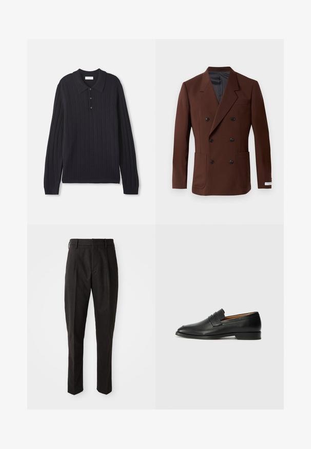 Barna, kétsoros blézer, kivágott hajtókával, két elülső zsebbel, fekete gombokkal és sima bélésű belső résszel. Testhezálló szabás.; Sötét tengerészkék, hosszú ujjú, kötött póló pulóver három gombbal és bordázott mandzsettával, texturált függőleges csíkos mintával.; Fekete gyapjú keverék nadrág, egyenes szabással, lapos elejű, két oldalsó zsebbel és sima textúrával.; Fekete bőr mokaszin, kerek orral, diszkrét varrásokkal és alacsony sarokkal, sima felülettel és minimalista dizájnnal.