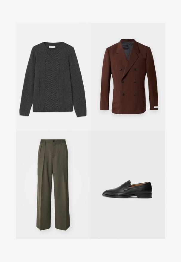 Bruine dubbelbreasted blazer met ingelegde revers, twee voorzakken, zwarte knopen en een gladde binnenvoering. Gepaste pasvorm.; Grijze gebreide trui met een gemêleerd diamantpatroon aan de voorkant, geribbelde boorden en een klassieke ronde halslijn.; Filippa K WIDE TROUSERS - Broek - driftwood; Zwarte leren instapper met een ronde neus, subtiele stikdetails en een lage hak, met een gladde textuur en een minimalistisch ontwerp.