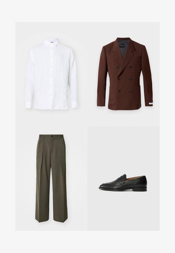 Bruine dubbelbreasted blazer met ingelegde revers, twee voorzakken, zwarte knopen en een gladde binnenvoering. Gepaste pasvorm.; Witte blouse met lange mouwen van linnen. Heeft een volledige knoopsluiting aan de voorkant, een kraag en manchetten. Glad textuur met een lichte, luchtige uitstraling.; Filippa K WIDE TROUSERS - Broek - driftwood; Zwarte leren instapper met een ronde neus, subtiele stikdetails en een lage hak, met een gladde textuur en een minimalistisch ontwerp.