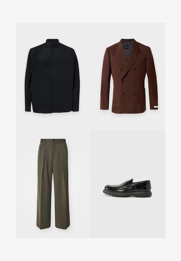 Blazer marron à double boutonnage avec des revers en notch, deux poches frontales, boutons noirs et une doublure intérieure lisse. Coupe ajustée.; Chemise noire à manches longues en tissu lisse, dotée d'un col classique, d'une patte de boutonnage et d'une coupe décontractée avec des manches à poignets.; Filippa K WIDE TROUSERS - Pantalon classique - driftwood; Mocassin en cuir noir avec une finition brillante, bout arrondi, détails de couture subtils et semelle en caoutchouc épaisse pour la durabilité.