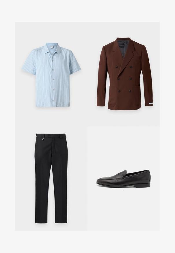 Blazer doppiopetto marrone con rever a lancia, due tasche frontali, bottoni neri e foderato interno liscio. Vestibilità su misura.; Camicia azzurro chiaro a maniche corte con righe bianche verticali, colletto e chiusura frontale con cinque bottoni. Tessuto dalla texture liscia.; Pantaloni neri su misura a gamba dritta, con chiusura a bottone e passanti per cintura. Tessuto liscio con dettagli minimi.; Mocassino da uomo in pelle nera con tacco basso e design classico a striscia, mostrato in profilo laterale su sfondo bianco.