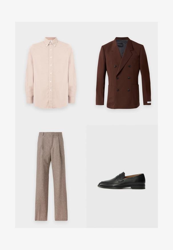 Barna, kétsoros blézer, kivágott hajtókával, két elülső zsebbel, fekete gombokkal és sima bélésű belső résszel. Testhezálló szabás.; Világos rózsaszín gombos ing hosszú ujjal, galléros nyakkal és fehér gombokkal. Simább anyagból készült, normál szabással.; Barna, magas derekú nadrág texturált anyagból. Széles szárai és két elülső redője biztosítja a struktúrát. Ízléses kivitel, látható fémszerelés nélkül.; Fekete bőr mokaszin, kerek orral, diszkrét varrásokkal és alacsony sarokkal, sima felülettel és minimalista dizájnnal.