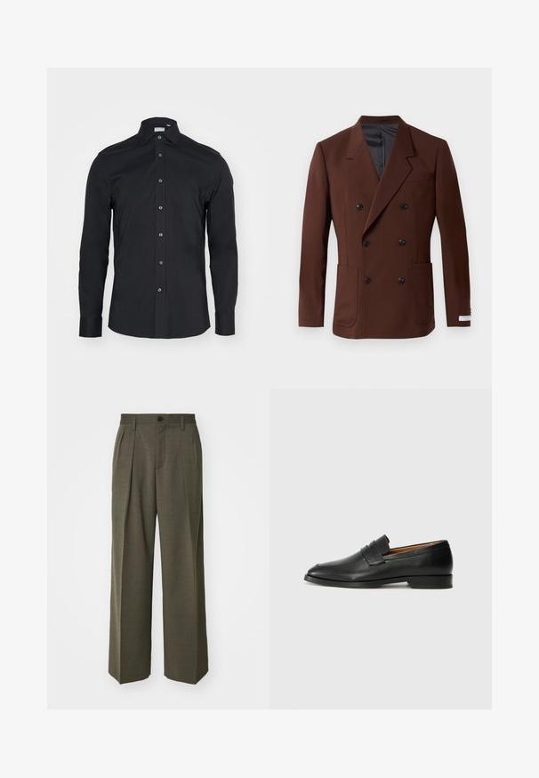 Rudas dvigubas švarkas su įpjautais atlapais, dviem priekiniuose kišenėse, juodais mygtukais ir lygiu pamušalu. Prisiūtas kirpimas.; Juodas ilgomis rankovėmis marškiniai su klasikiniu apykaklės dizainu. Pagaminti iš lygios medžiagos, turi priekinius mygtukus ir apvalius rankogalius.; Filippa K WIDE TROUSERS - Kelnės - driftwood; Juodas odinis loaferis su apvaliu nosiu, subtiliomis siuvimo detalėmis ir žemu kulnu, pasižymintis lygia tekstūra ir minimalistiniu dizainu.