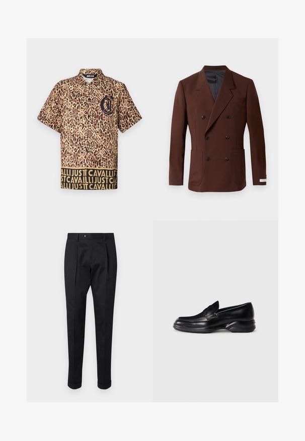 Brauner doppelt geknöpfter Blazer mit Reverskragen, zwei Vorder taschen, schwarzen Knöpfen und einem glatten Innenfutter. Taillierte Passform.; Kurzärmliges Hemd mit einem Leopardenmuster, schwarzem Logo auf der Brust und einem kontrastierenden Bund mit wiederholtem Text in Gold.; Schwarze Hosen aus einem glatten Stoff, mit einem Faltenwurf vorne, einem Knopfverschluss und umgeschlagenen Säumen am Knöchel.; Schwarze Lederloafer mit einer niedrigen, strukturierten Gummisohle und einem gestickten Design auf dem Obermaterial. Sie haben eine abgerundete Zehenpartie und minimalen Verzierungen.