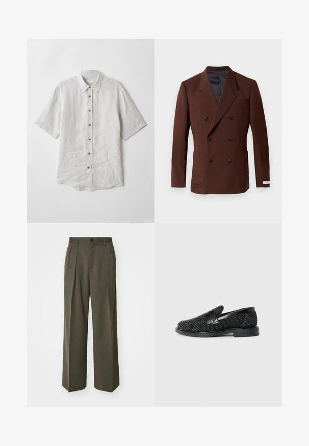 Ruskea kaksirivinen bleiseri, jossa on lovatut kaulukset, kaksi etutaskua, mustat napit ja sileä sisävuori. Muotoonommeltu malli.; Lyhythihainen napillinen paita vaaleasta harmaasta pellavasta. Ominaisuuksiin kuuluu klassinen kaulus, napitus edessä ja hieman kaareva helma. Pehmeä rakenne, jossa on minimaalisen vähän ryppyjä.; Filippa K WIDE TROUSERS - Housut - driftwood; Musta kudottu liukupohjallinen kenka, jossa on sileä nahkakorostus päällisessä, pyöreä kärki ja matala kumipohja.