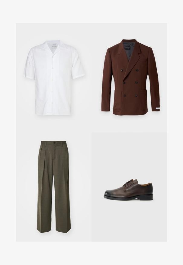Bruine dubbelbreasted blazer met ingelegde revers, twee voorzakken, zwarte knopen en een gladde binnenvoering. Gepaste pasvorm.; Tiger of Sweden BEKKETT - Overhemd - pure white; Filippa K WIDE TROUSERS - Broek - driftwood; Bruine leren schoen met een ronde neus, lage hak, vetersluiting en een gladde textuur. Heeft minimale stiksels en een gepolijste afwerking.