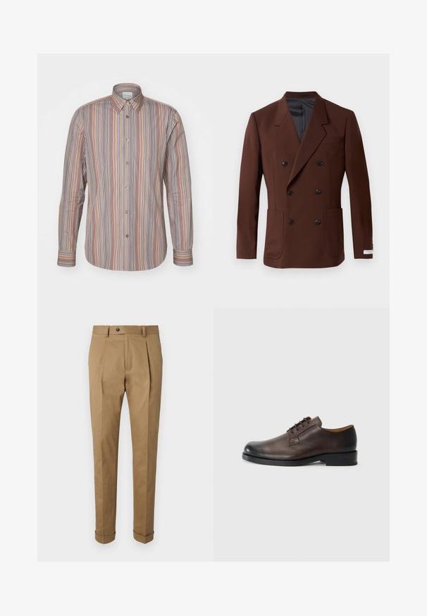 Hnedý dvojradový blejzer s klopami, dvoma prednými vreckami, čiernymi gombíkmi a hladkým vnútorným podšívkou. Prispôsobený strih.; Pásikavá košeľa s gombíkmi, ktorá má vertikálne pruhy v rôznych farbách. Dlhé rukávy, klasický golier a hladká textúra látky.; Khaki nohavice s prispôsobeným strihom, s plisovaním, gombíkovým zapínaním, pútkami na opasok a zvinutými manžetami. Vyrobené z hladkej, odolnej látky.; Hnedé kožené topánky s okrúhlou špičkou, nízkym opätkom, šnurovací dizajn a hladkou textúrou. Obsahujú minimálne prešívanie a lesklý povrch.