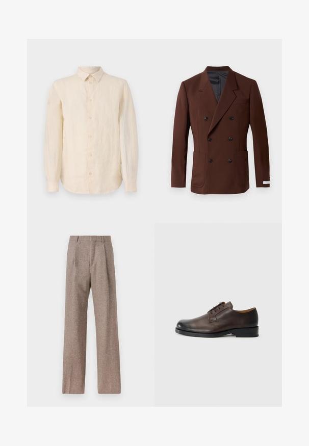 Blazer doppiopetto marrone con rever a lancia, due tasche frontali, bottoni neri e foderato interno liscio. Vestibilità su misura.; Camicia a maniche lunghe in lino beige chiaro, con chiusura a bottoni sul davanti, colletto classico e orlo curvo. Tessuto liscio con una finitura netta.; Pantaloni marroni a vita alta realizzati in tessuto testurizzato. Presentano gambe ampie e due pieghe frontali per struttura. Rifinitura curata senza hardware visibile.; Scarpa in pelle marrone con punta arrotondata, tacco basso, chiusura con lacci e superficie liscia. Presenta cuciture minime e una finitura lucida.